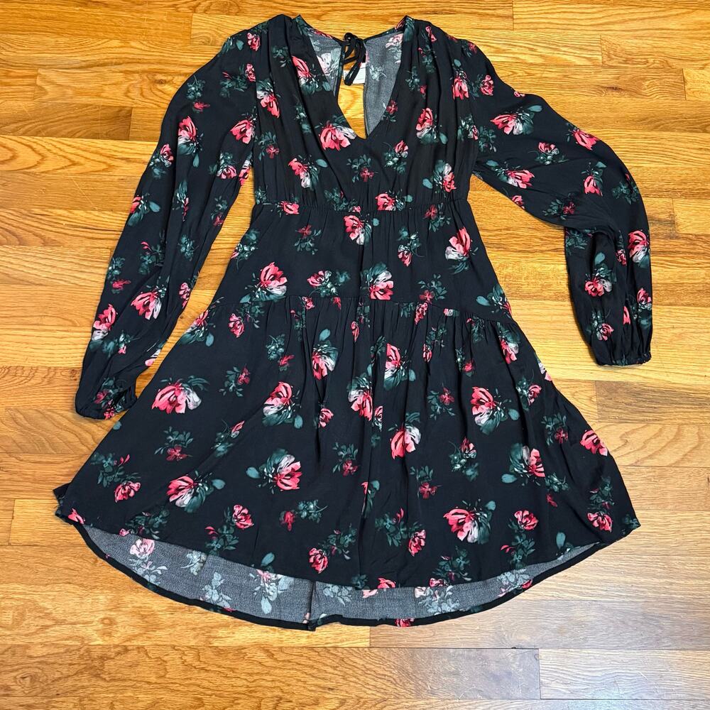 A New Day Womens XS Black Pink Floral Print V-neck Long Sleeve Midi Dress Spring